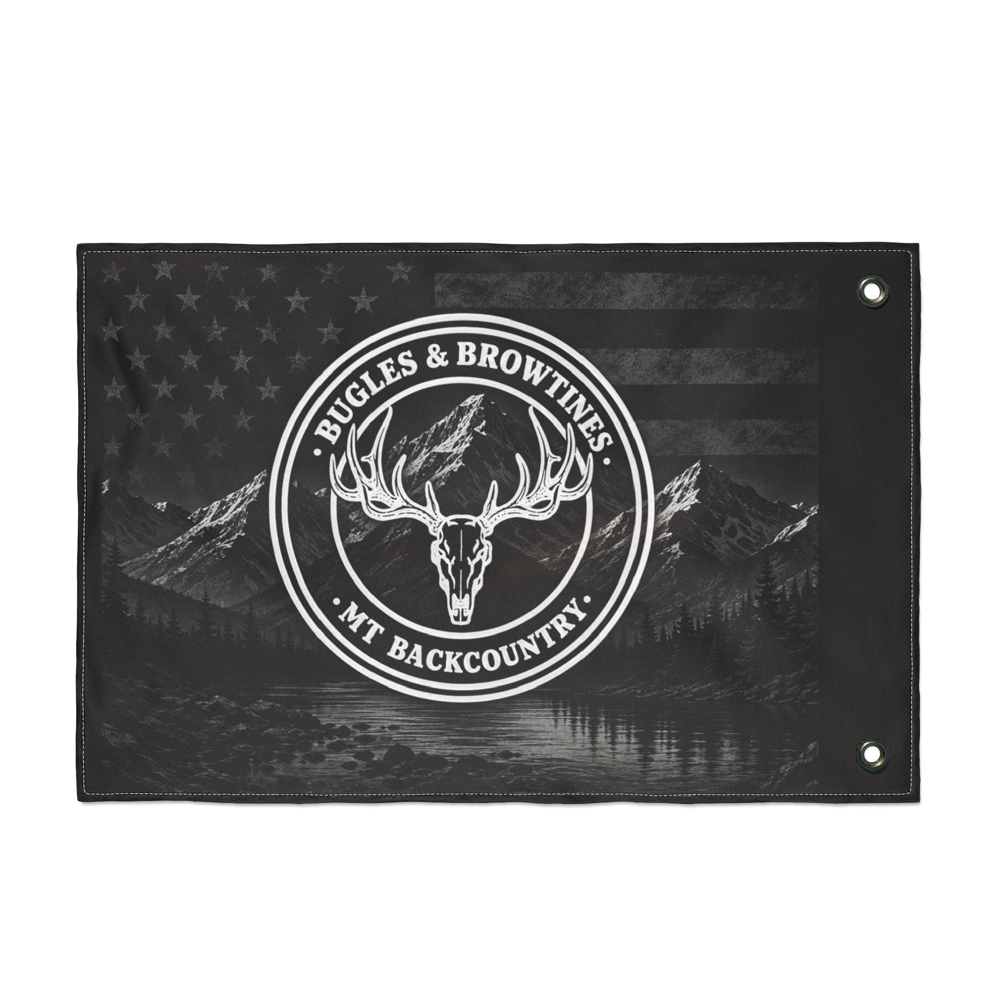 Double-Sided Flag — "Buggles & Browtines" Mountain Backcountry Deer Skull Outdoor Flag