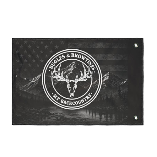 Double-Sided Flag — "Buggles & Browtines" Mountain Backcountry Deer Skull Outdoor Flag
