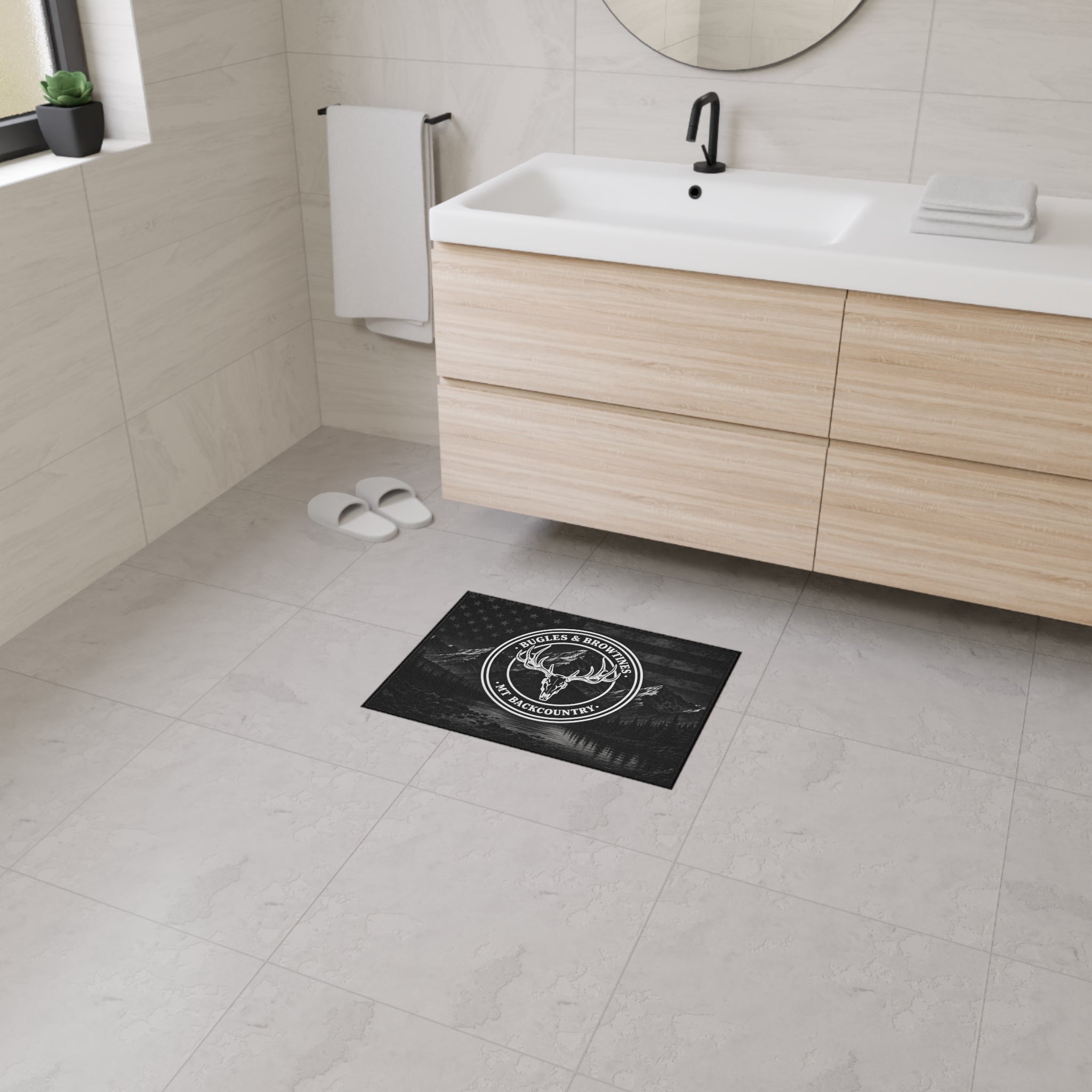 Heavy-Duty Floor Mat — Rustic MT Backcountry Deer Skull Entrance Rug