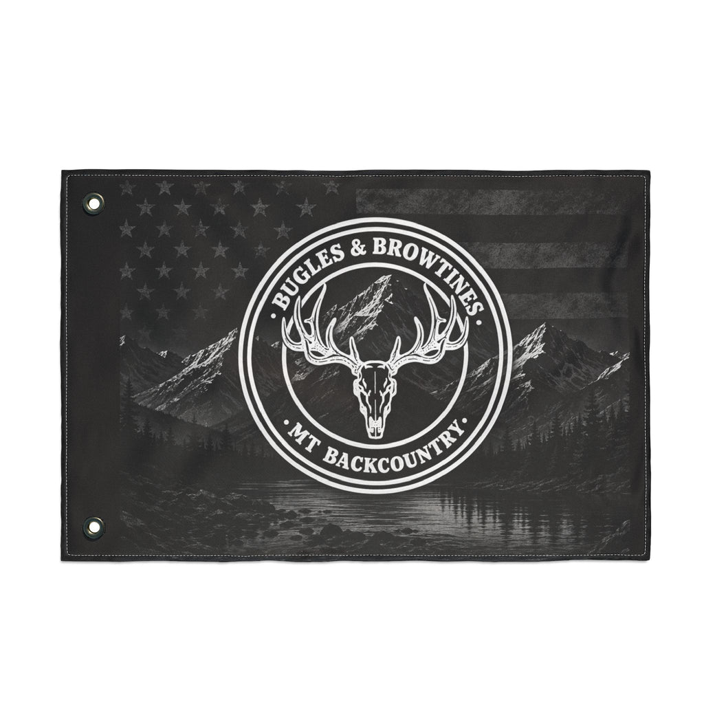 Double-Sided Flag — "Buggles & Browtines" Mountain Backcountry Deer Skull Outdoor Flag