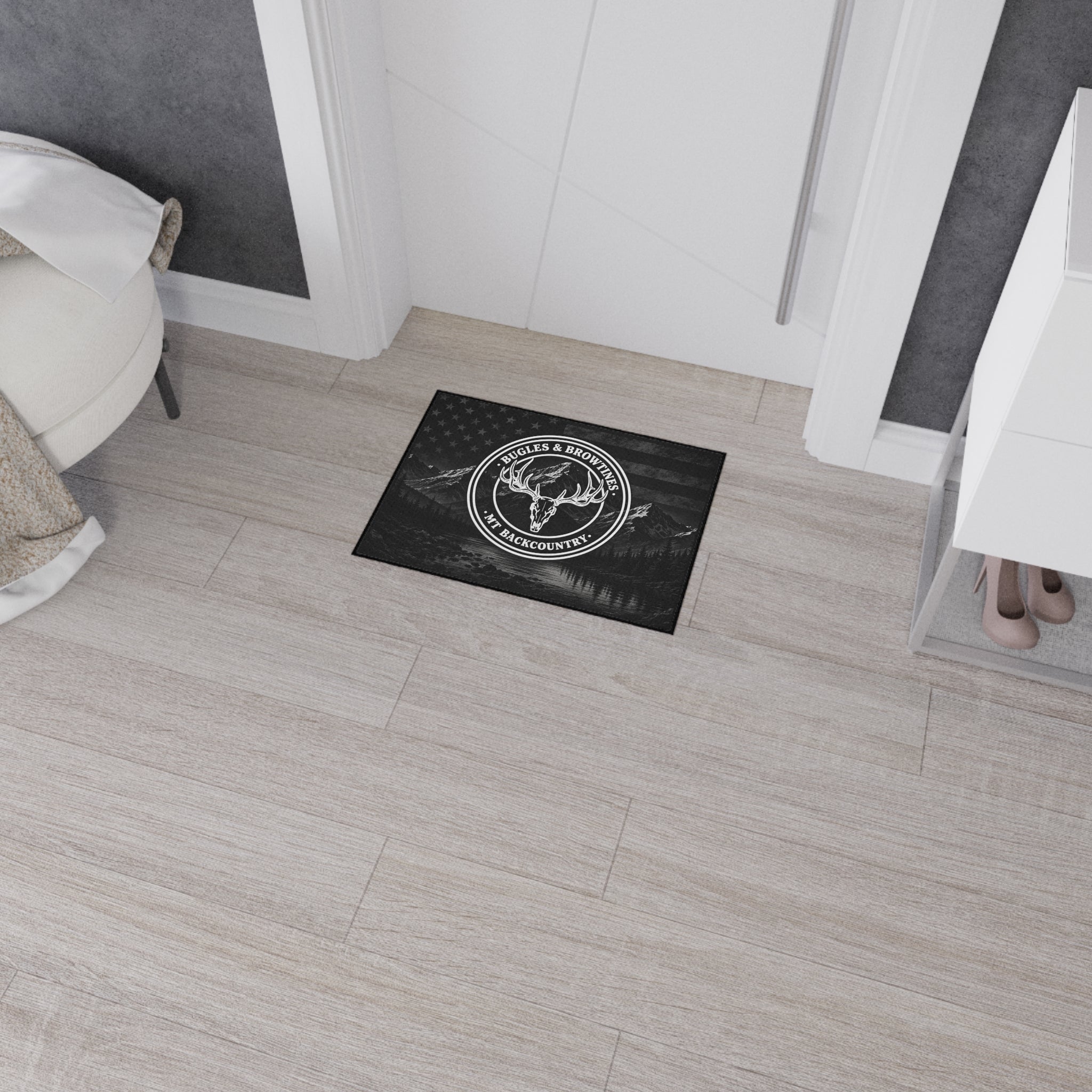 Heavy-Duty Floor Mat — Rustic MT Backcountry Deer Skull Entrance Rug