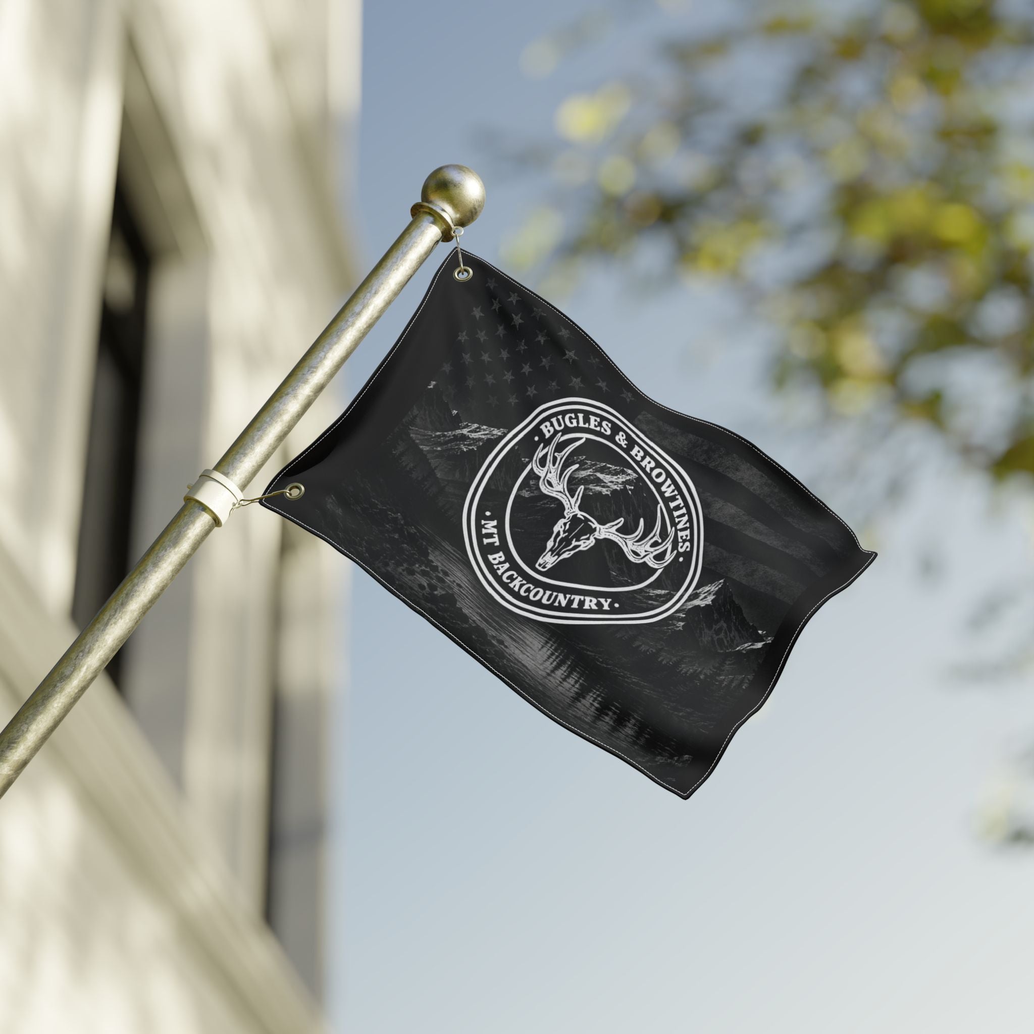 Double-Sided Flag — "Buggles & Browtines" Mountain Backcountry Deer Skull Outdoor Flag